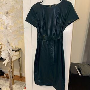 Deep Green Faux Leather Shift Dress with Belt by Calvin Klein